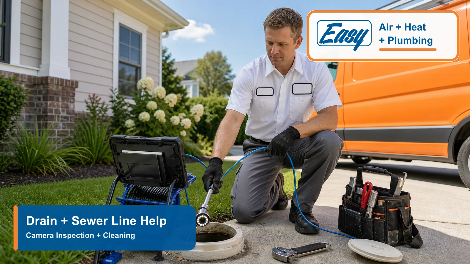Easy Air Air + Heat + Plumbing technician using drain and sewer inspection equipment