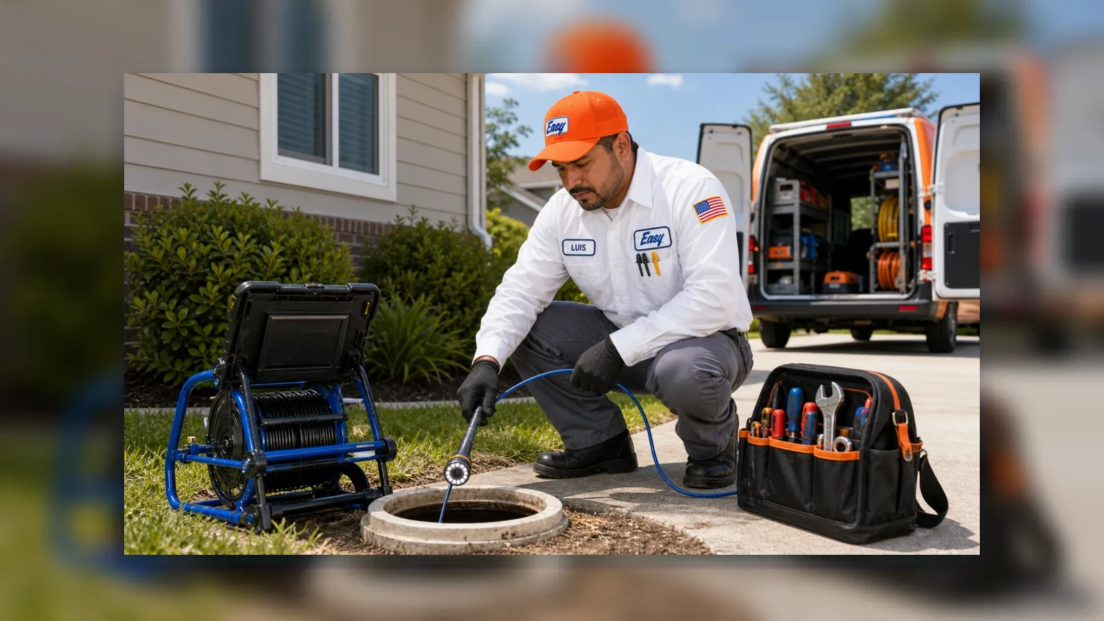 Easy Air technician LUIS using drain and sewer inspection equipment