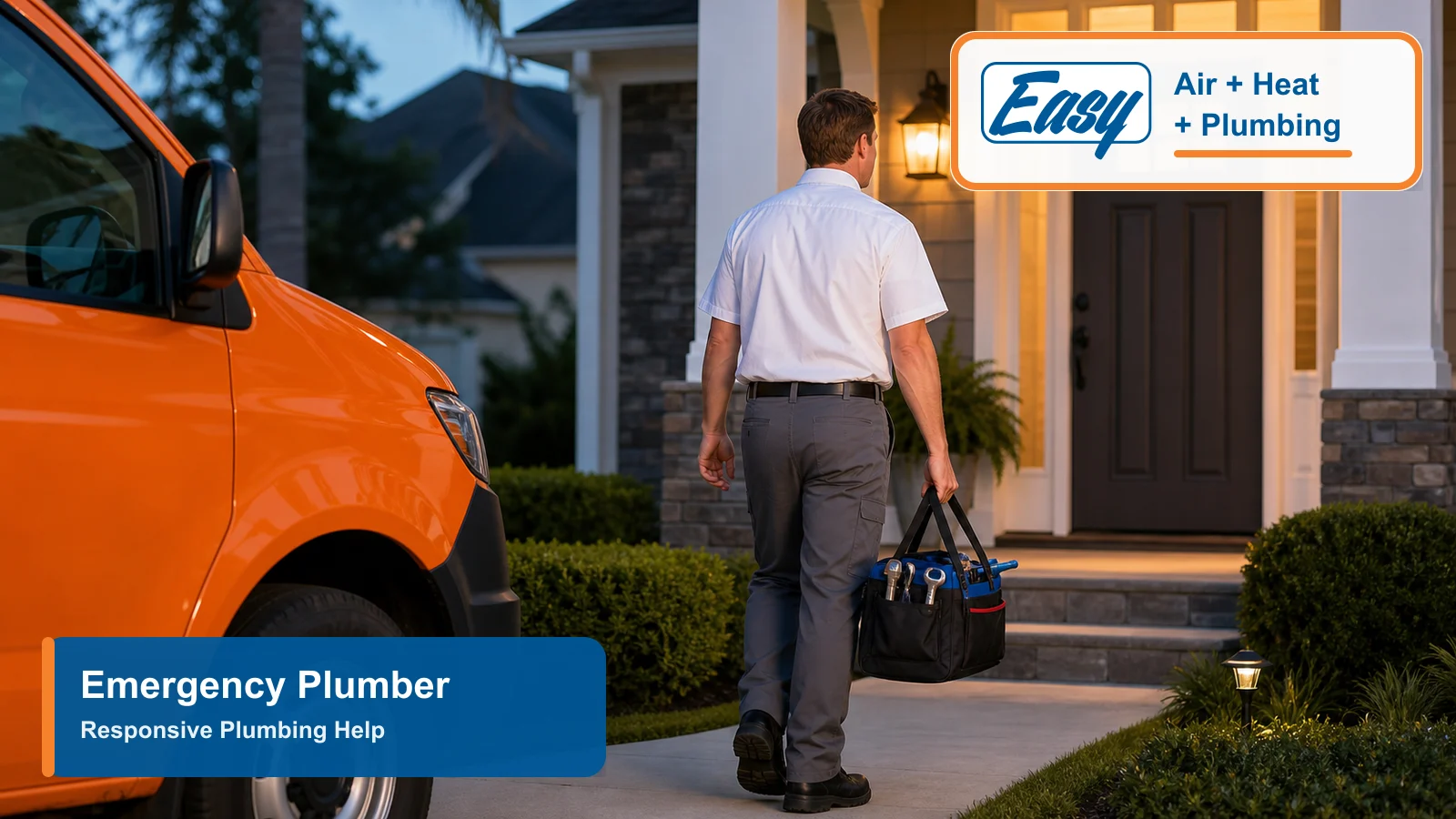 Easy Air Air + Heat + Plumbing technician arriving for emergency plumbing help