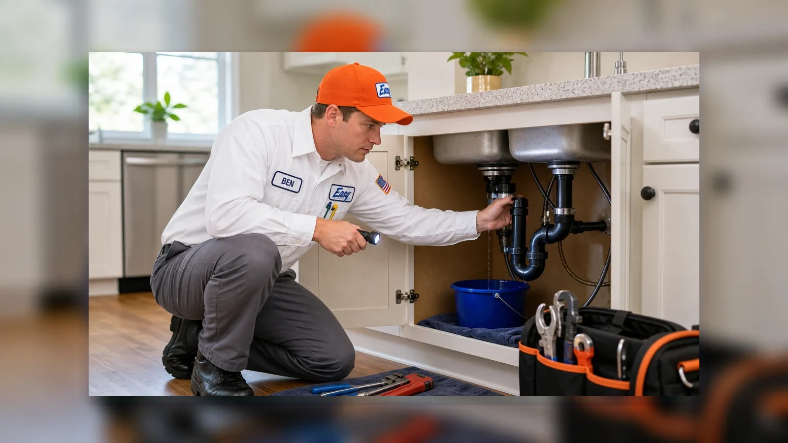 Easy Air technician BEN inspecting a plumbing leak under a kitchen sink