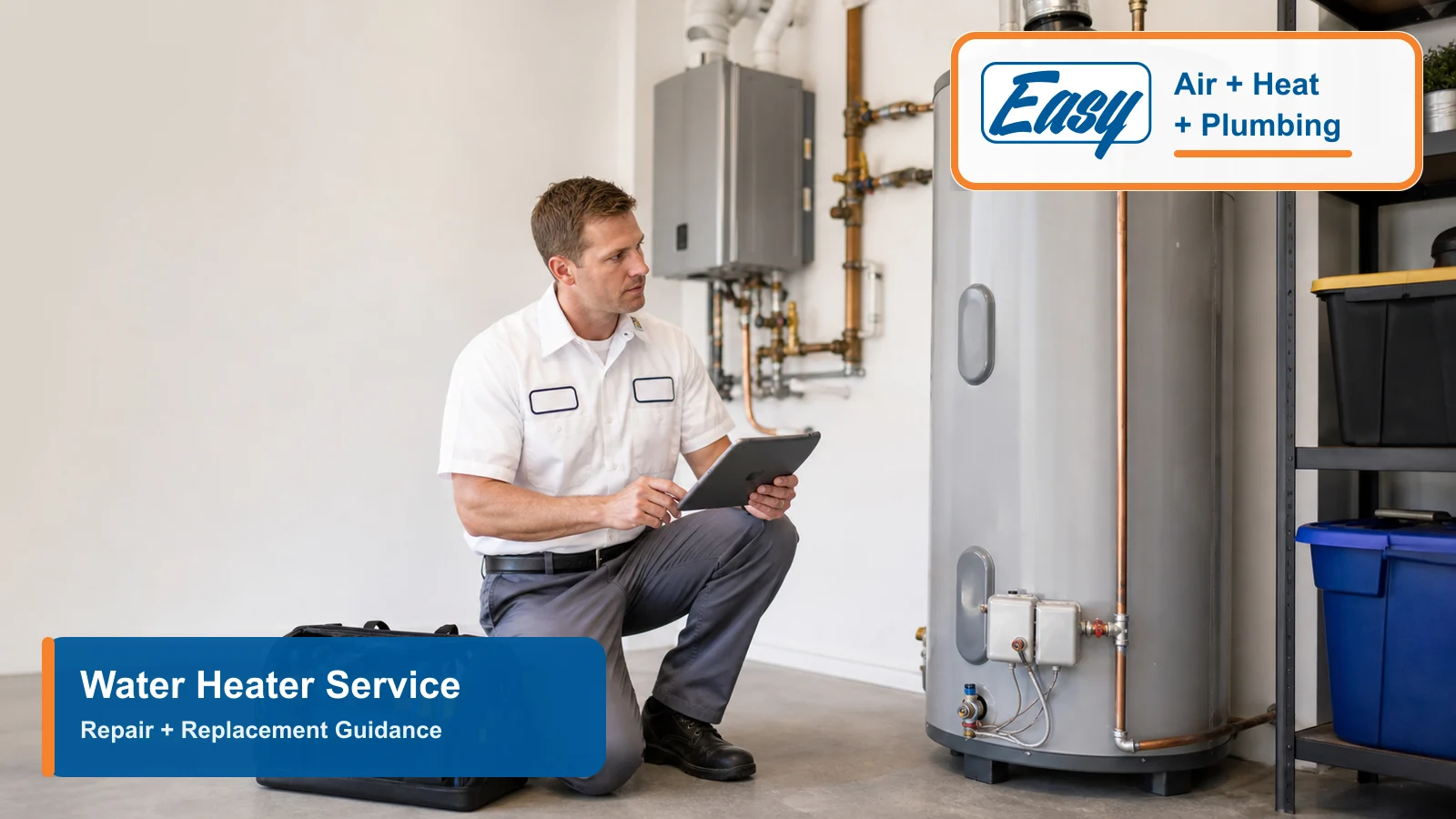 Easy Air Air + Heat + Plumbing technician inspecting a residential water heater