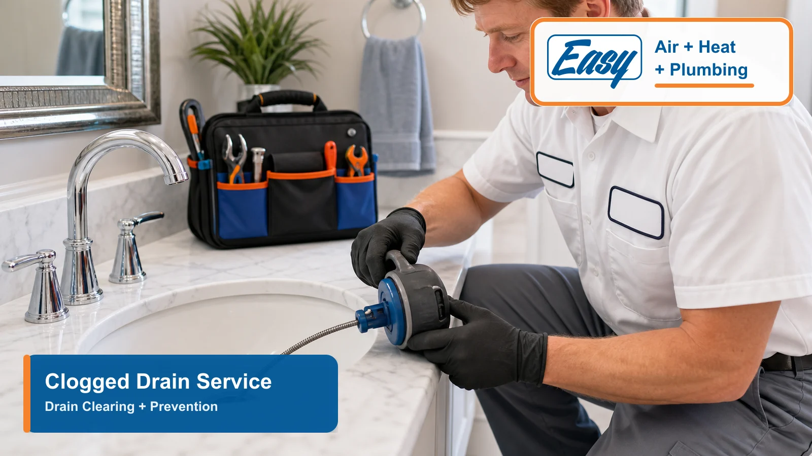 Easy Air Air + Heat + Plumbing technician clearing a clogged sink drain