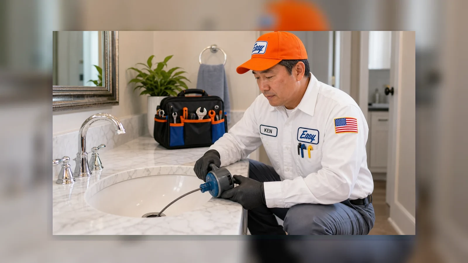Easy Air technician KEN clearing a clogged sink drain