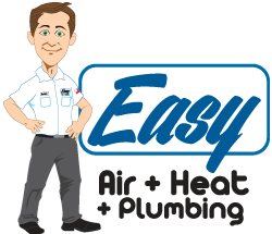 Cartoon rendition of an easy air technician next to our logo